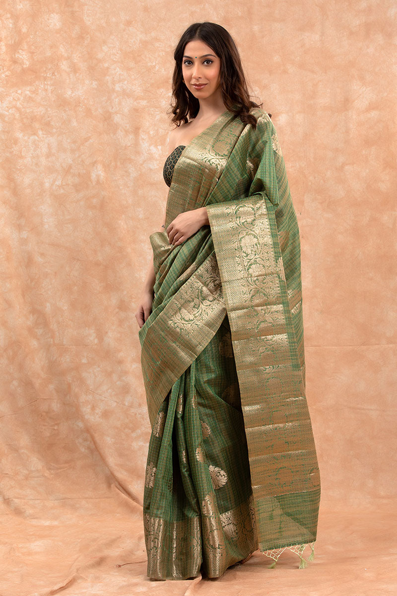Olive Green Woven Banarasi Cotton Saree