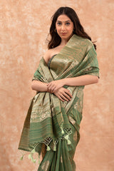 Olive Green Woven Banarasi Cotton Saree - Chinaya Banaras