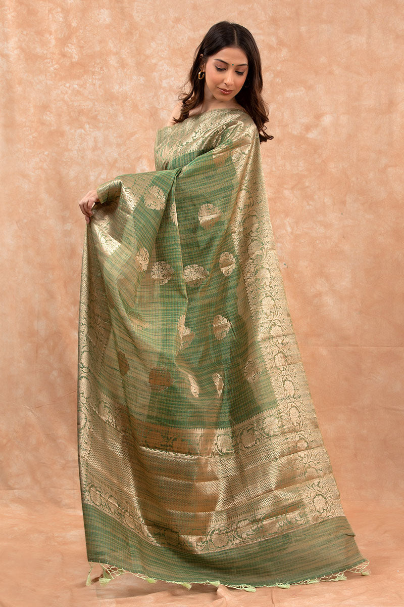 Olive Green Woven Banarasi Cotton Saree - Chinaya Banaras