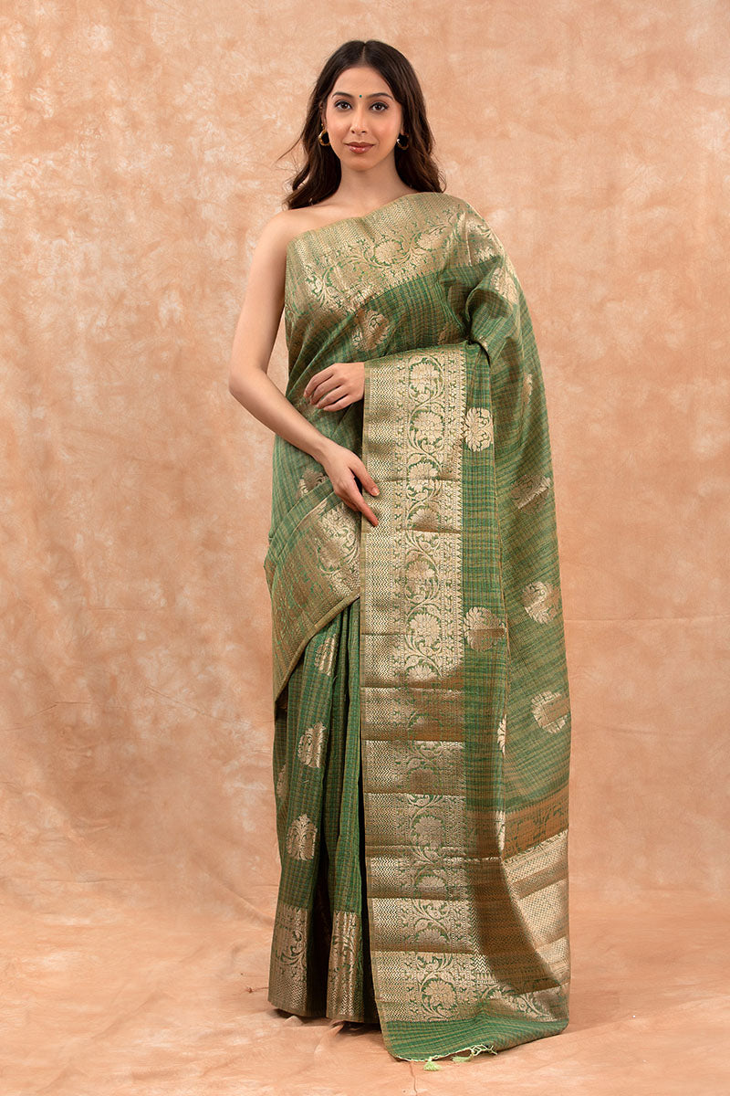 Olive Green Woven Banarasi Cotton Saree - Chinaya Banaras