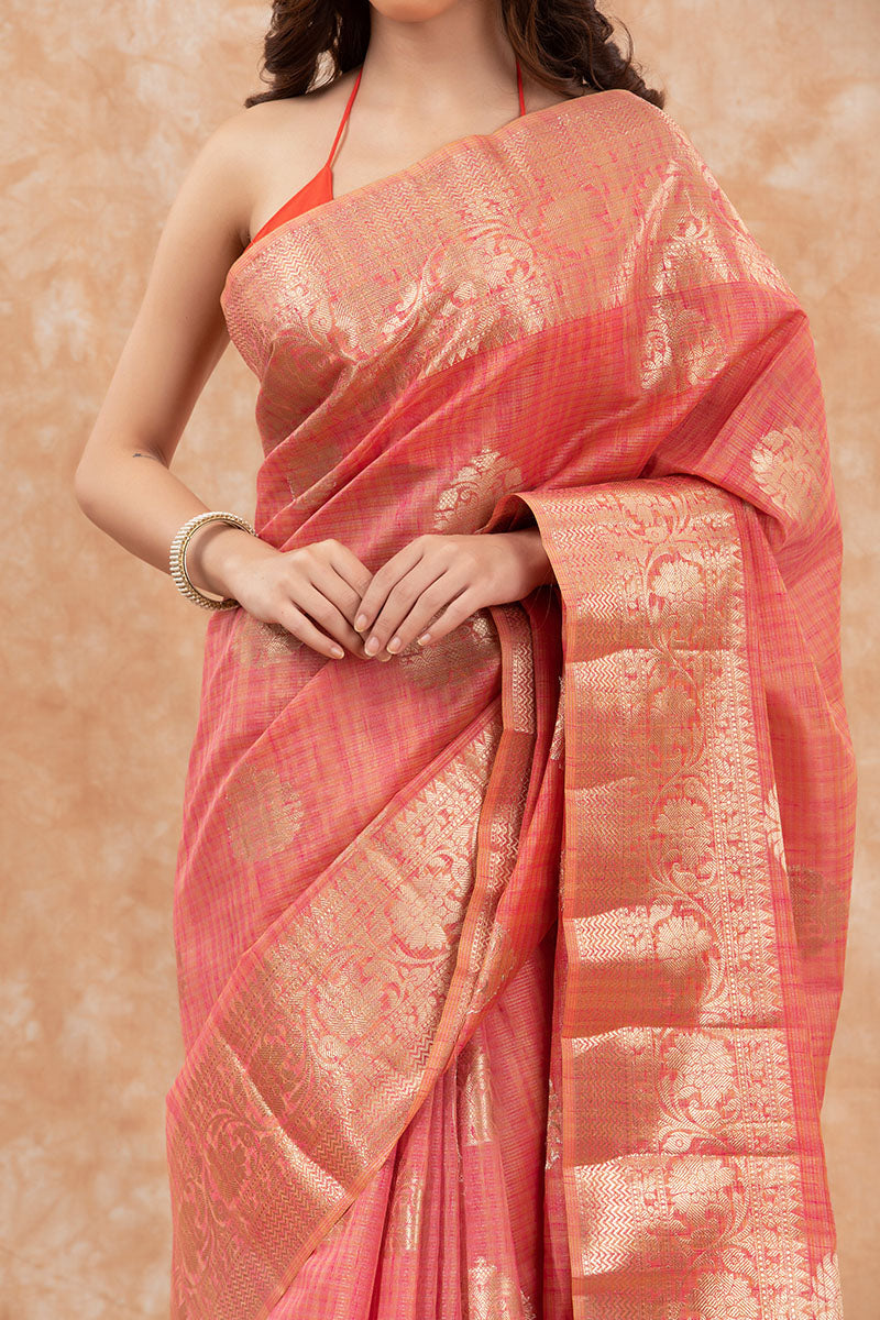 Peachy Pink Woven Banarasi Cotton Saree - Chinaya Banaras