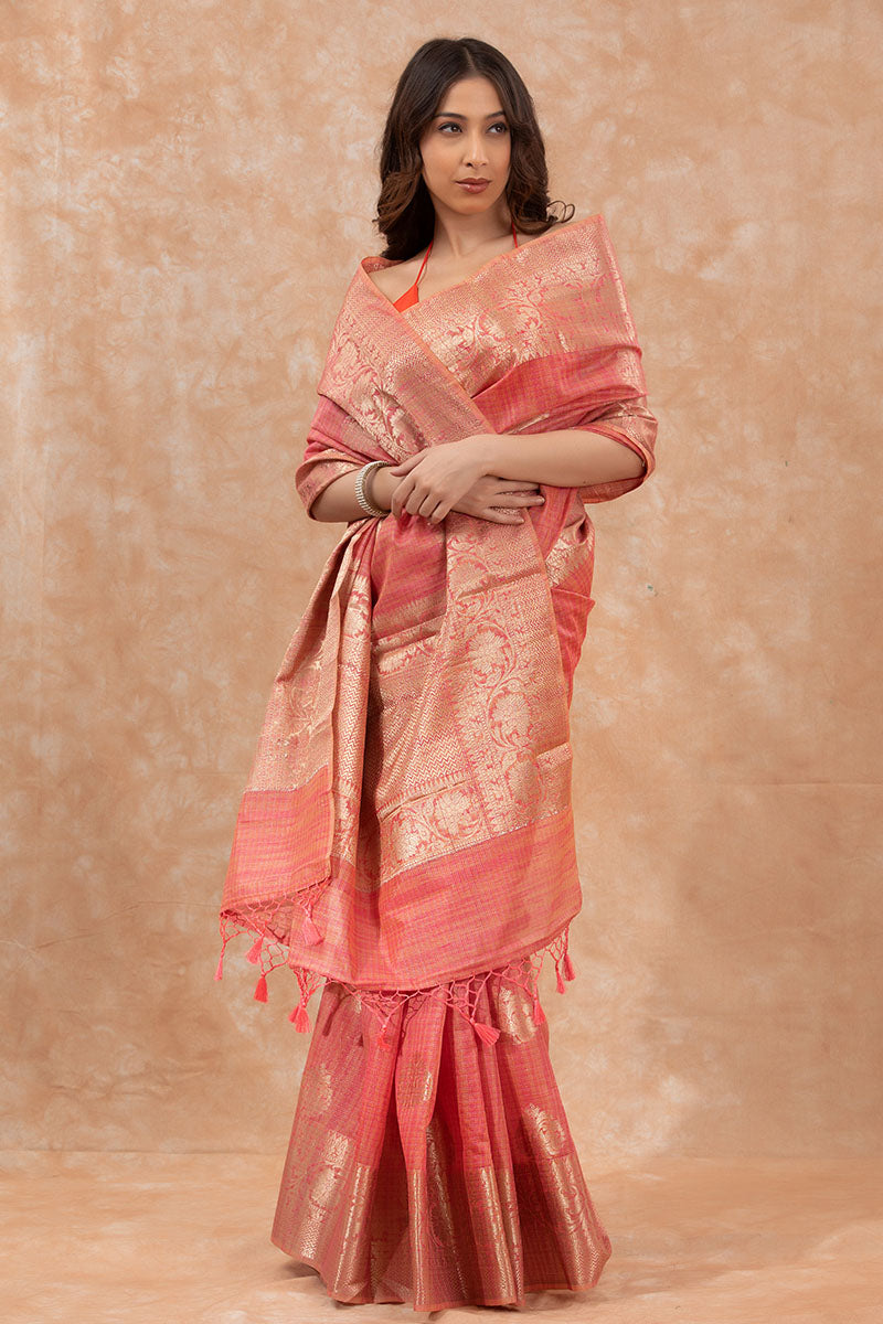 Peachy Pink Woven Banarasi Cotton Saree