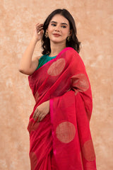 Crimson Pink Woven Banarasi Cotton Saree - Chinaya Banaras
