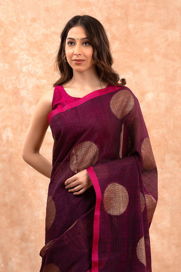 Tyrian purple Woven Banarasi Cotton Saree - Chinaya Banaras