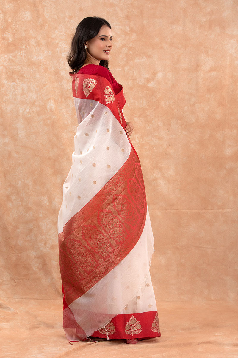 Red & White Woven Banarasi Cotton Saree - Chinaya Banaras