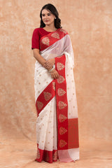 Red & White Woven Banarasi Cotton Saree