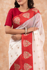 Red & White Woven Banarasi Cotton Saree