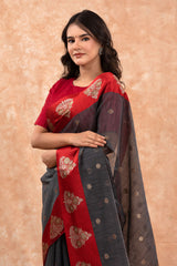 Charcoal Grey & Red Woven Banarasi Cotton Saree - Chinaya Banaras