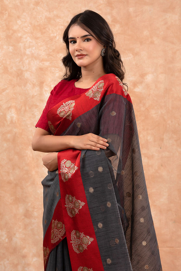 Charcoal Grey & Red Woven Banarasi Cotton Saree - Chinaya Banaras