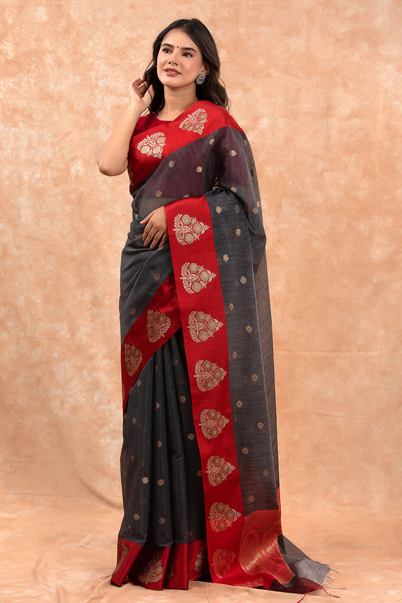 Women In Grey & Red Woven Banarasi Cotton Saree At Chinaya Banaras