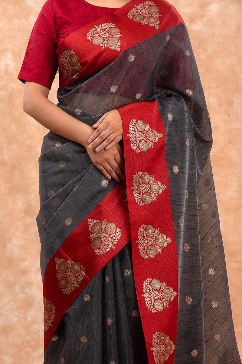 Charcoal Grey & Red Woven Banarasi Cotton Saree - Chinaya Banaras