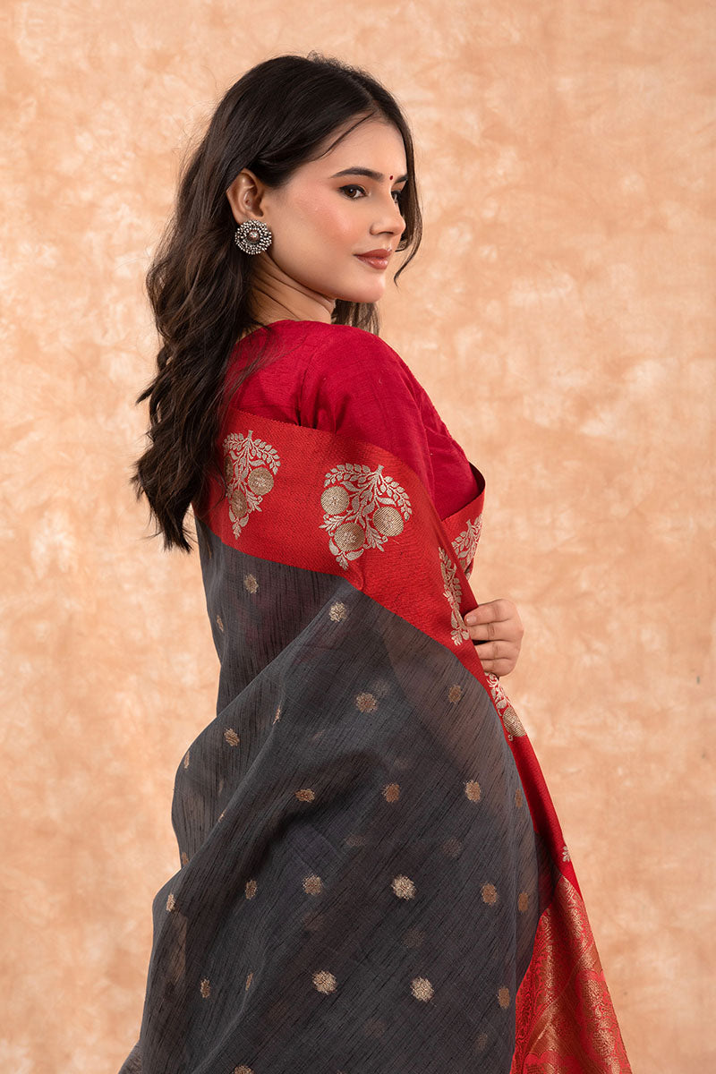 Charcoal Grey & Red Woven Banarasi Cotton Saree - Chinaya Banaras