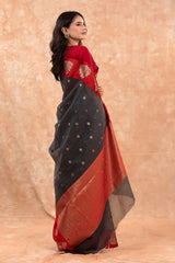 Charcoal Grey & Red Woven Banarasi Cotton Saree - Chinaya Banaras