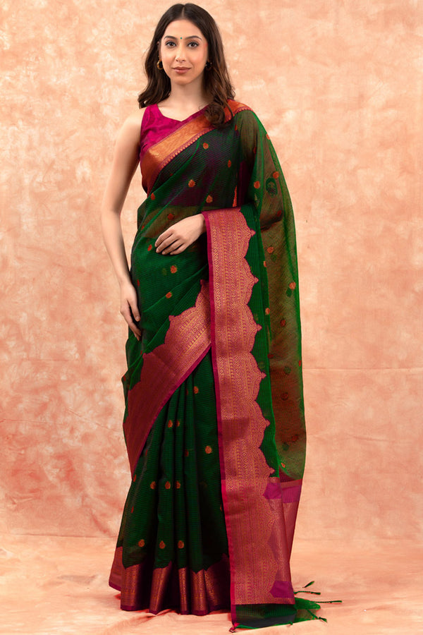 Women In Green Woven Banarasi Cotton Saree By Chinaya Banaras