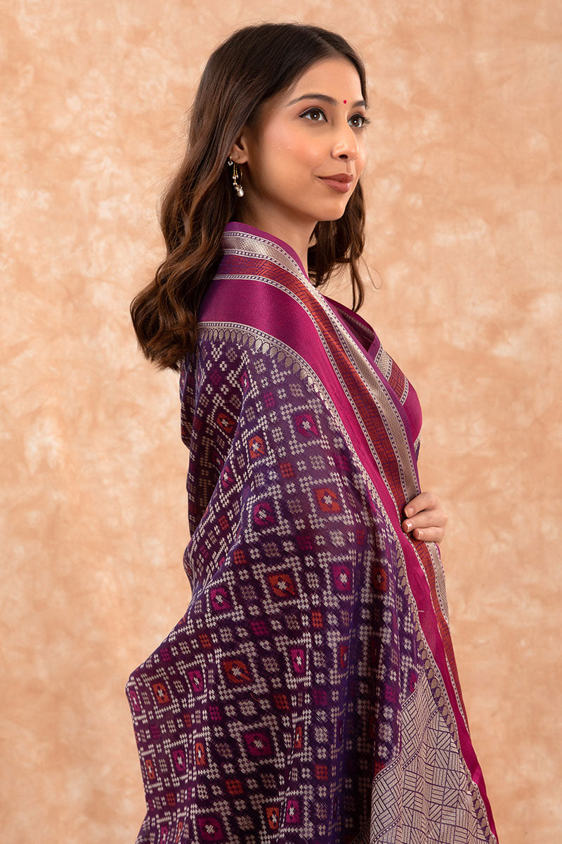 Violet Geometrical Woven Banarasi Cotton Saree - Chinaya Banaras