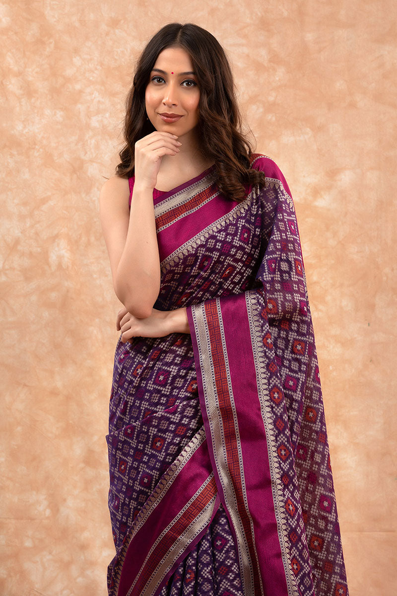 Violet Geometrical Woven Banarasi Cotton Saree - Chinaya Banaras