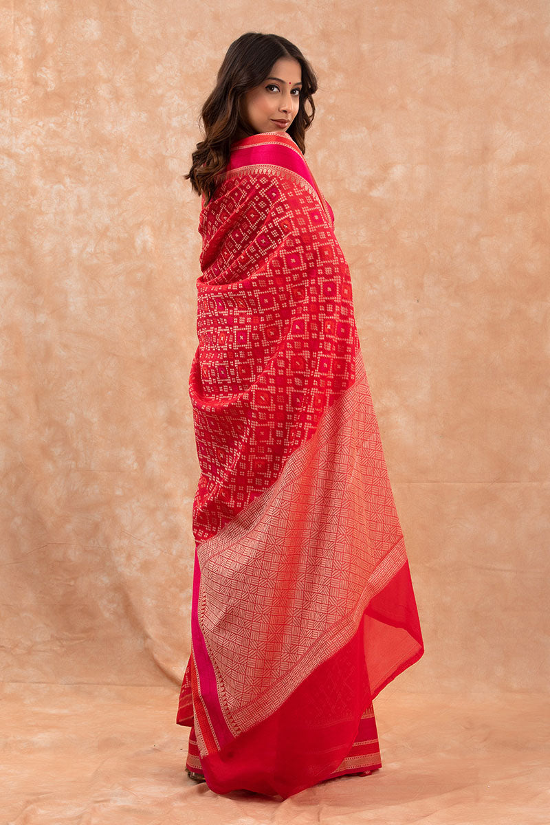 Bright Red Geometrical Woven Banarasi Cotton saree