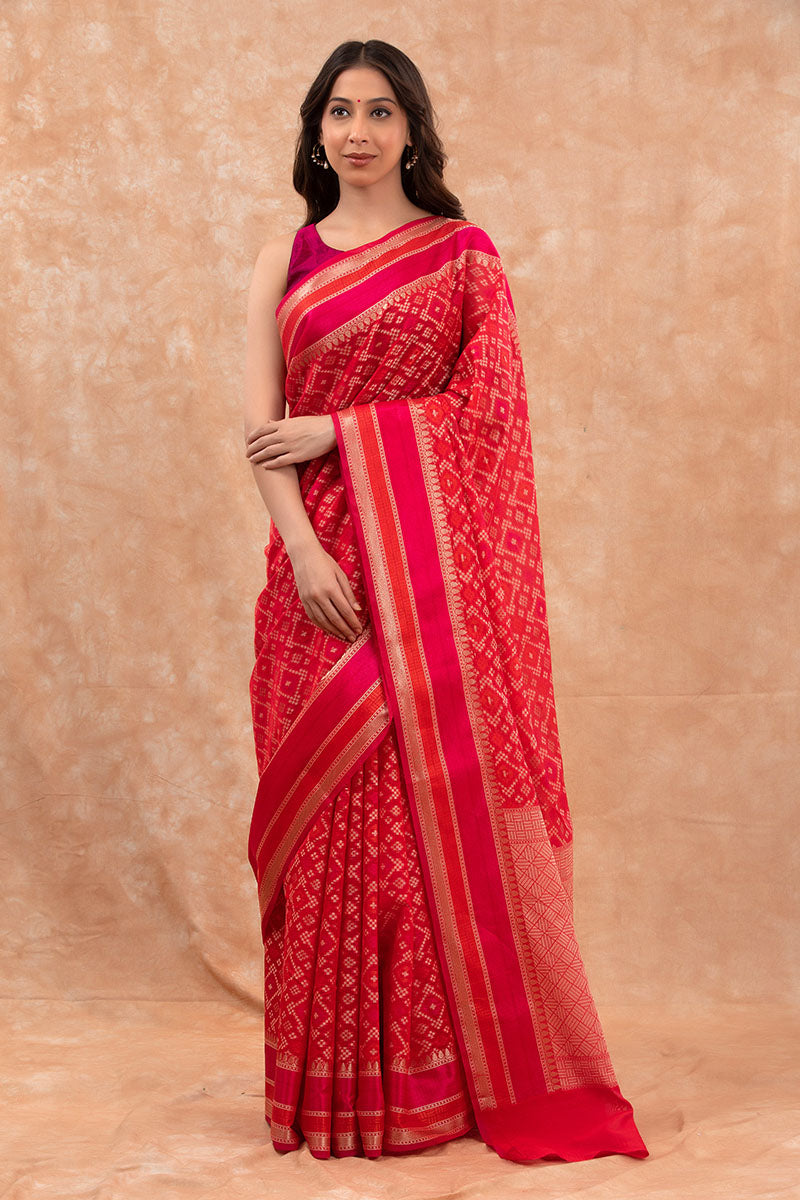 Bright Red Geometrical Woven Banarasi Cotton saree