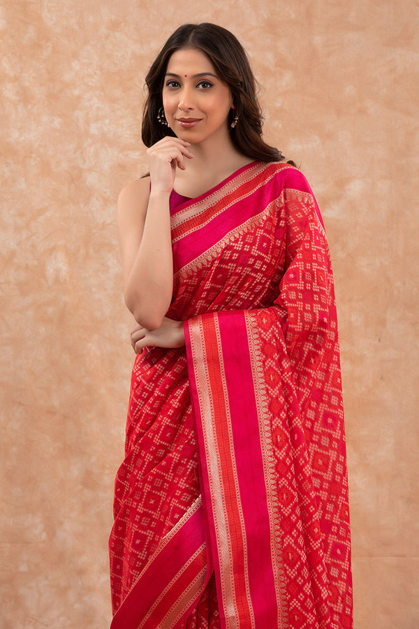 Bright Red Geometrical Woven Banarasi Cotton saree
