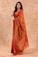 Orange Red Floral Jaal Woven Banarasi Cotton Saree - Chinaya Banaras
