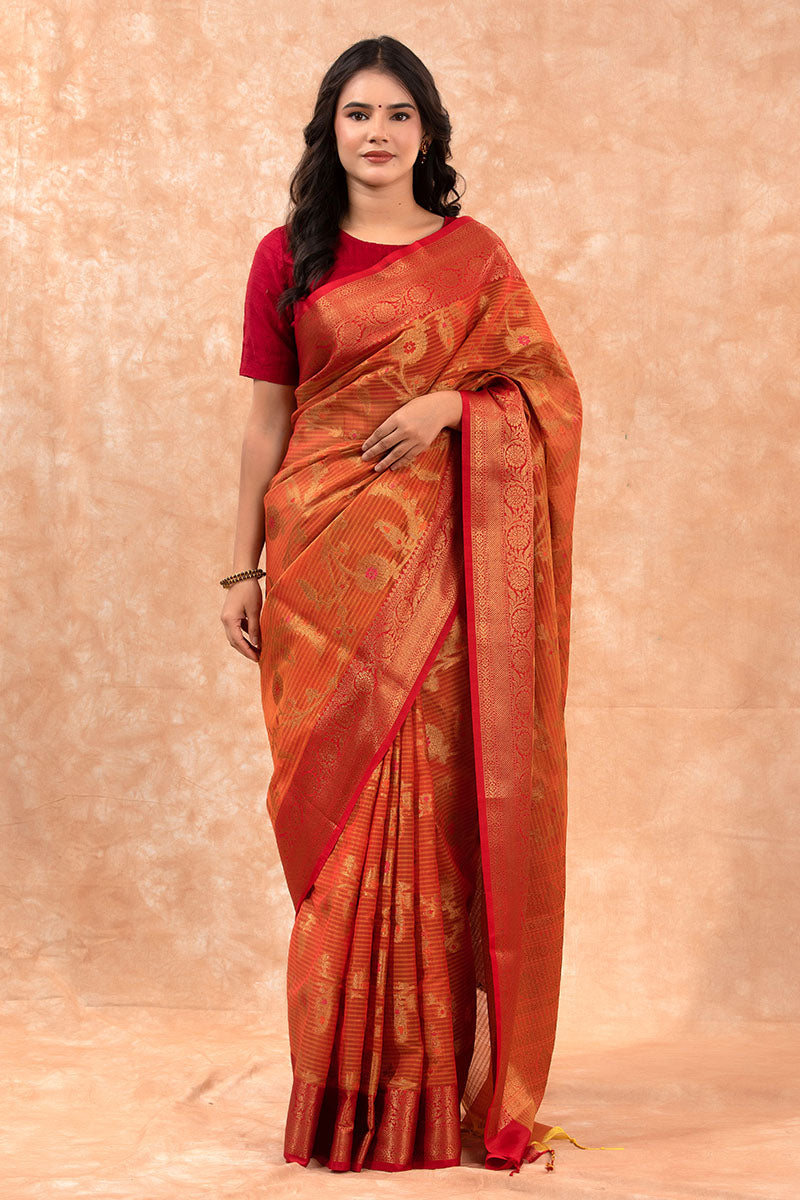 Orange Red Floral Jaal Cotton Banarasi Saree Chinaya Banaras
