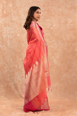 Salmon Peach Woven banarasi Cotton Saree - Chinaya Banaras