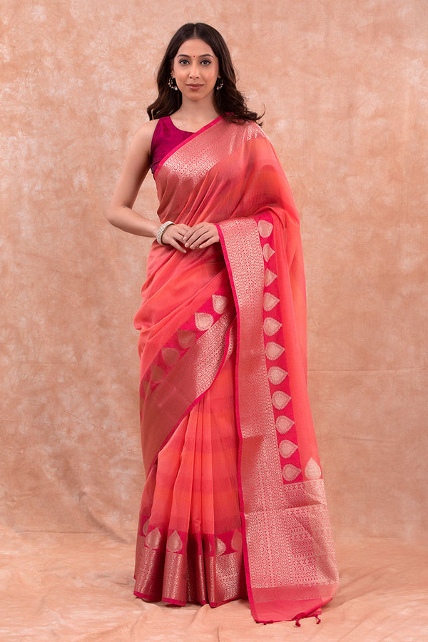 Women In Peach Woven Banarasi Cotton Saree At Chinaya Banaras