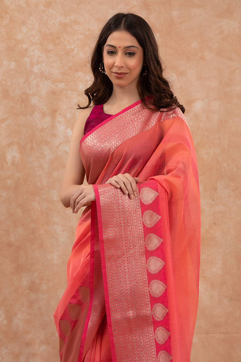 Salmon Peach Woven banarasi Cotton Saree - Chinaya Banaras