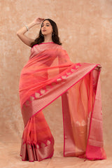 Salmon Peach Woven banarasi Cotton Saree - Chinaya Banaras