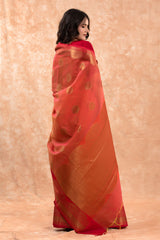 Orange Red Ethnic Woven Banarasi Cotton Saree - Chinaya Banaras