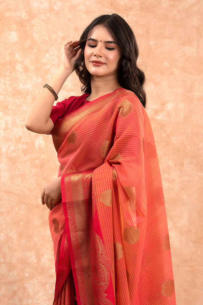 Orange Red Ethnic Woven Banarasi Cotton Saree - Chinaya Banaras