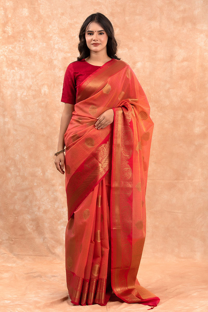 Women In Orange Red Ethnic Woven Banarasi Cotton Saree At Chinaya Banaras