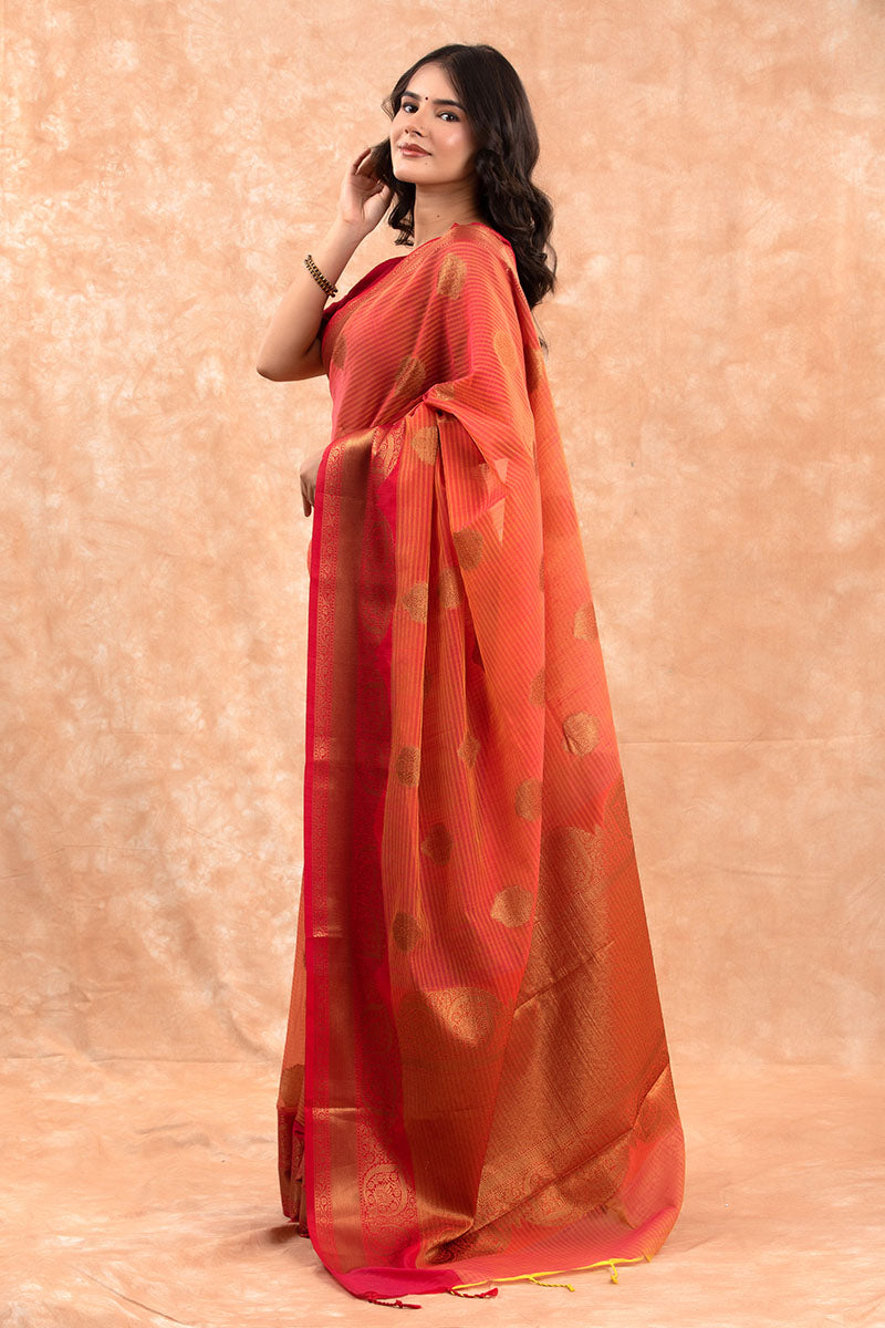 Orange Red Ethnic Woven Banarasi Cotton Saree - Chinaya Banaras