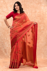 Orange Red Ethnic Woven Banarasi Cotton Saree - Chinaya Banaras