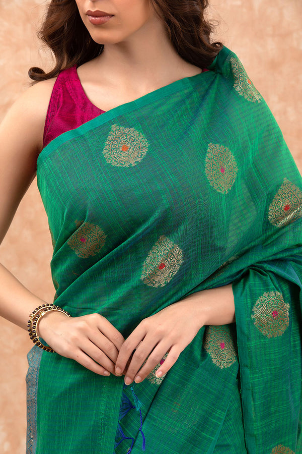 Persian Green Woven Banarasi Cotton Saree - Chinaya Banaras