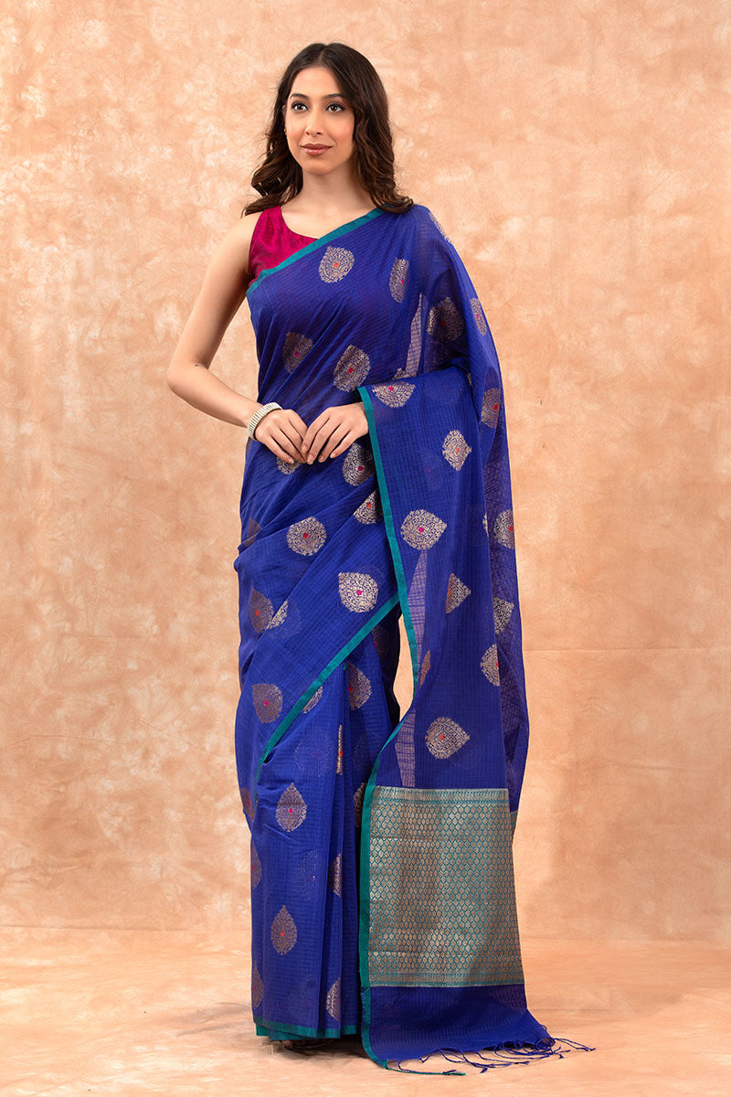 Royal Blue Woven Banarasi Cotton Saree