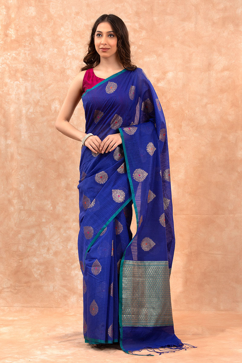 Royal Blue Woven Banarasi Cotton Saree - Chinaya Banaras