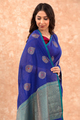 Royal Blue Woven Banarasi Cotton Saree - Chinaya Banaras