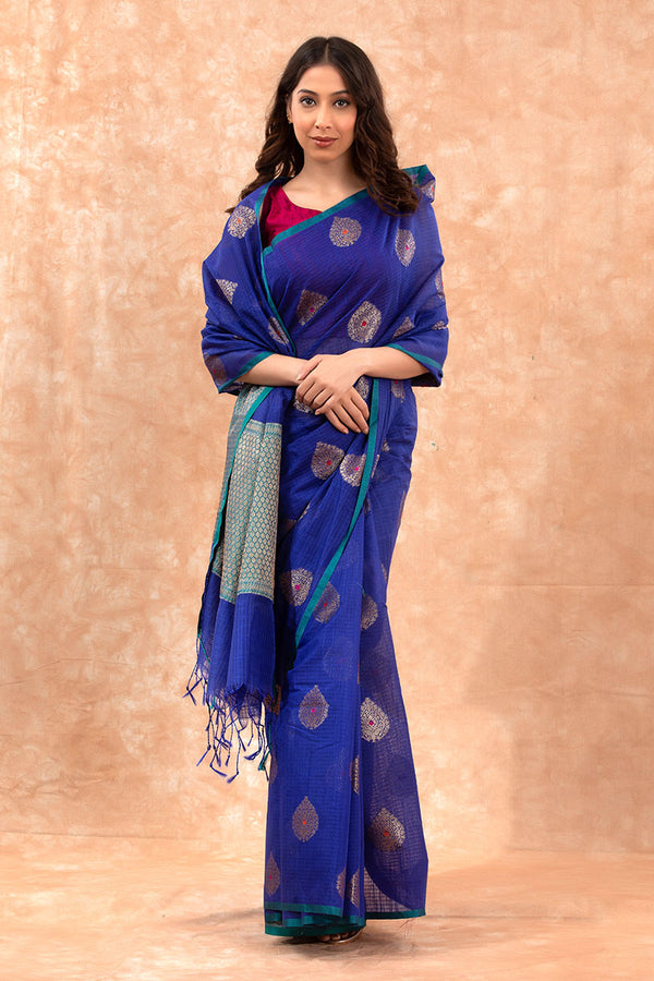 Women In Blue Woven Banarasi Cotton Saree At Chinaya Banaras