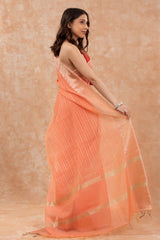 Coral Peach Woven Banarasi Cotton Saree - Chinaya Banaras