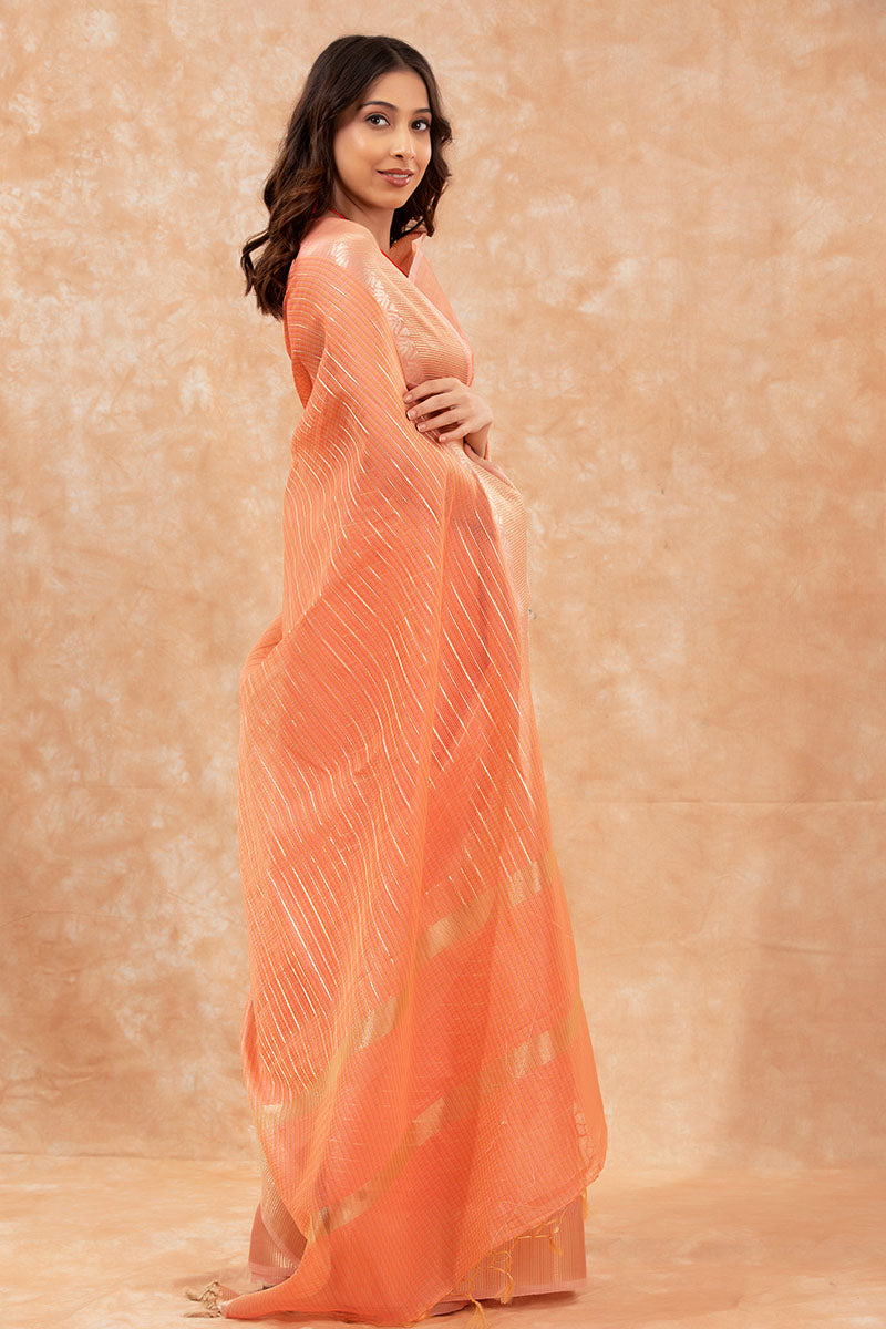 Coral Peach Woven Banarasi Cotton Saree