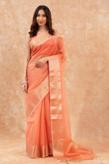 Coral Peach Woven Banarasi Cotton Saree