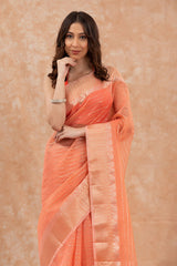 Coral Peach Woven Banarasi Cotton Saree - Chinaya Banaras