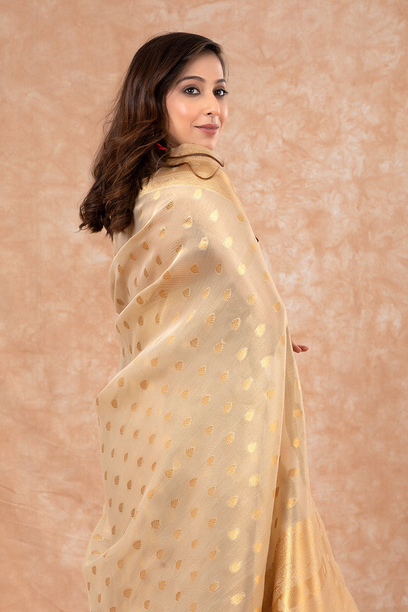 French Beige Ethnic Woven Banarasi Cotton Saree