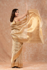 French Beige Ethnic Woven Banarasi Cotton Saree