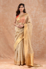 French Beige Ethnic Woven Banarasi Cotton Saree