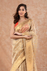 French Beige Ethnic Woven Banarasi Cotton Saree