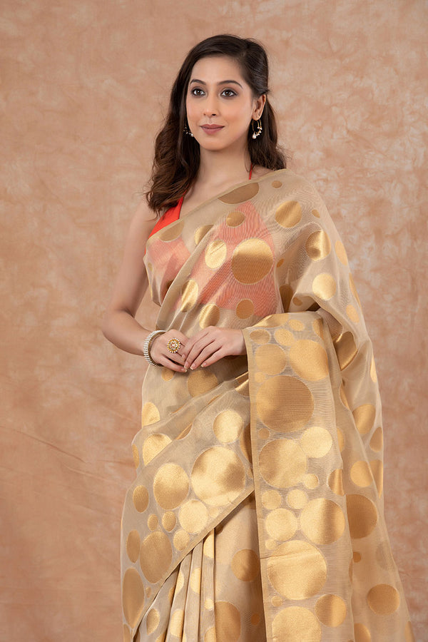 Gold Beige Woven Banarasi Cotton Saree - Chinaya Banaras