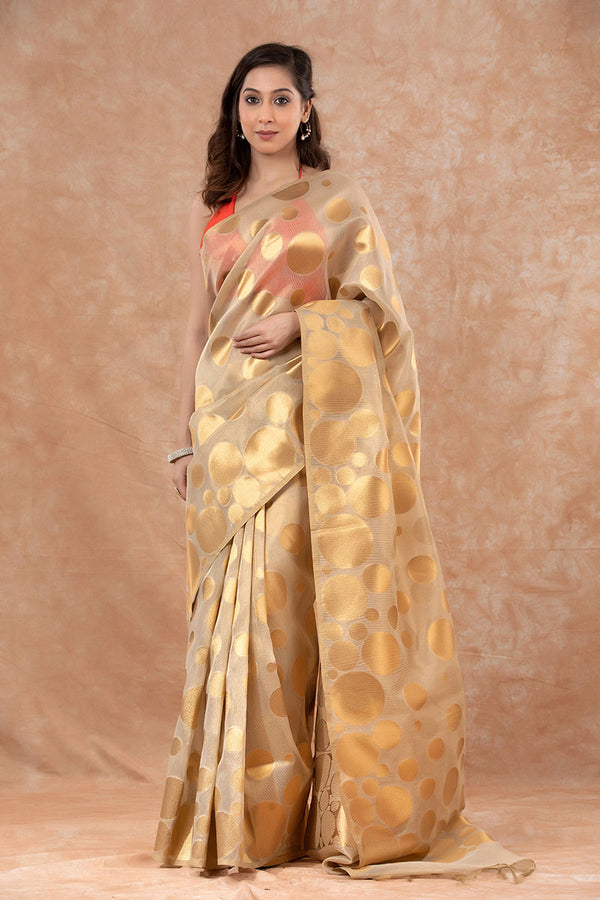 Women In Gold Beige Woven Banarasi Cotton Saree At Chinaya Banaras