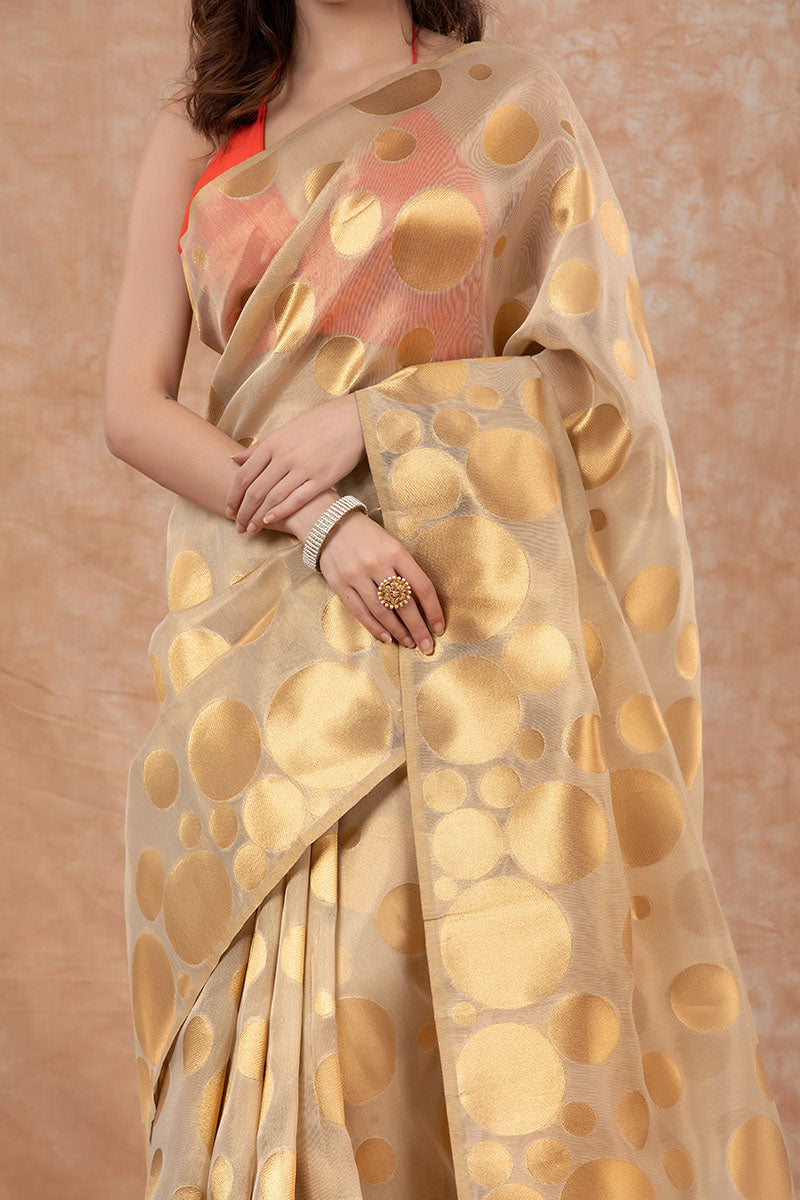 Gold Beige Woven Banarasi Cotton Saree